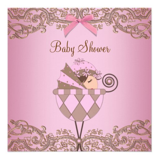 Pink Brown Lace Girl Baby Shower Invitations