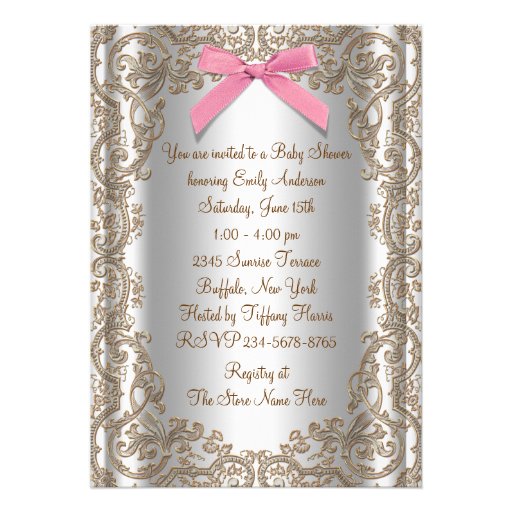Pink Brown Lace Girl Baby Shower Invite