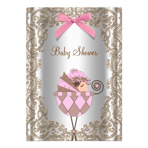 Pink Brown Lace Girl Baby Shower Invite