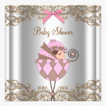 Pink Brown Lace Girl Baby Shower invitations