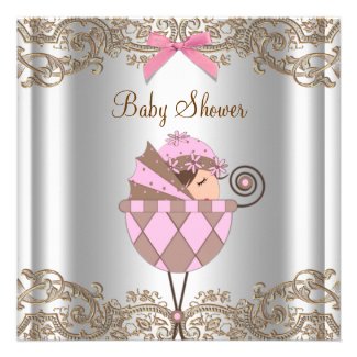 Pink Brown Lace Girl Baby Shower Invite