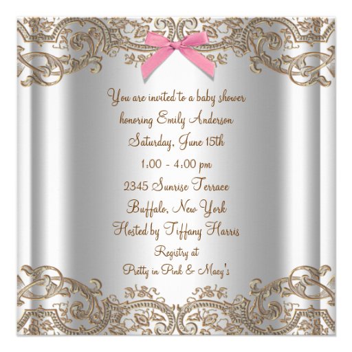Pink Brown Lace Girl Baby Shower Invite