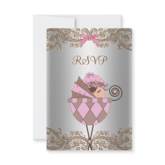 Pink Brown Lace Girl Baby Shower RSVP invitation