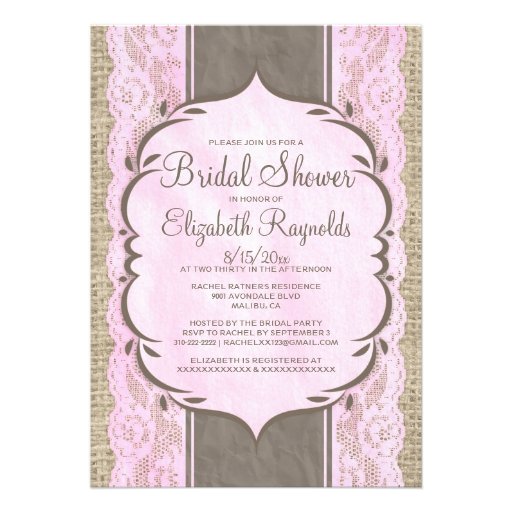 Pink Brown Linen Burlap Lace Bridal Shower Invites