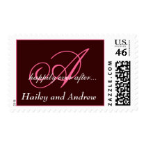 Pink Brown Monogram Names Wedding Postage Stamps