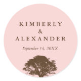 Pink brown oak tree wedding favor label seal round stickers