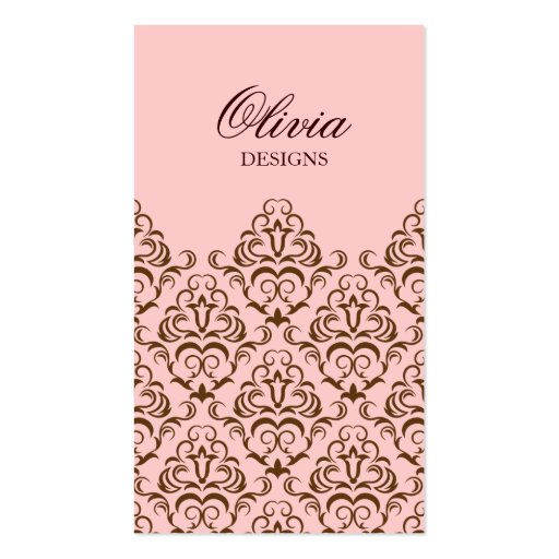 Pink & Brown Ornate Damask Business Card Design (front side)