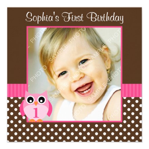 Pink Brown Owl Polka Dot 1st Birthday Girl Photo Custom Announcement