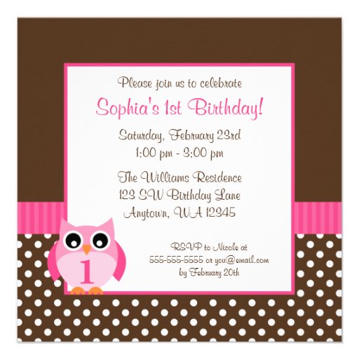 Pink Brown Owl Polka Dot 1st Birthday Girl Photo Custom Announcement
