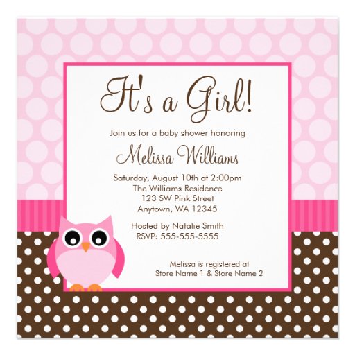Pink Brown Owl Polka Dot Girl Baby Shower Personalized Invites (front side)