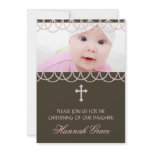 Pink Brown Pearl Cross Baby Girl Photo Christening Custom Announcements