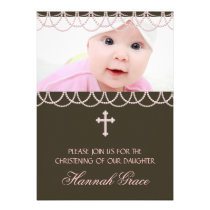 Pink Brown Pearl Cross Baby Girl Photo Christening invitations