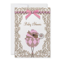 Pink Brown Pearl Lace African American Baby Shower Invites