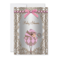 Pink Brown Pearls Lace Girl Baby Shower Personalized Invitation