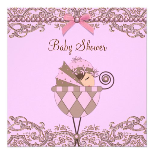 Pink Brown Pearls Lace Girl Baby Shower Personalized Invitations