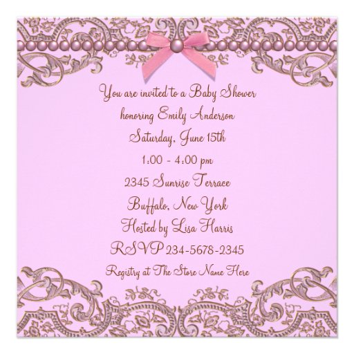 Pink Brown Pearls Lace Girl Baby Shower Personalized Invitations