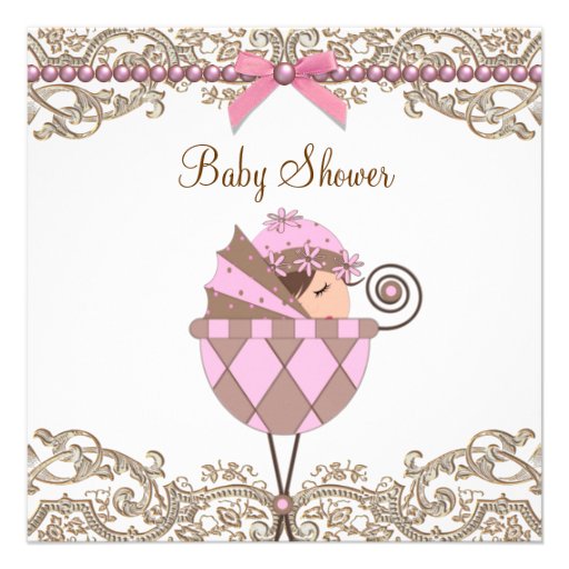 Pink Brown Pearls Lace Girl Baby Shower Custom Announcements