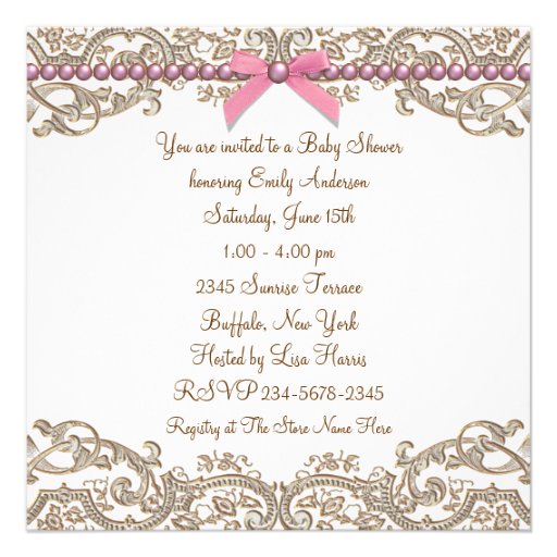 Pink Brown Pearls Lace Girl Baby Shower Custom Announcements