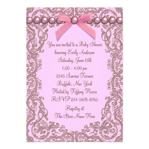 Pink Brown Pearls Lace Girl Baby Shower Announcements