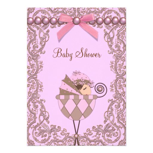 Pink Brown Pearls Lace Girl Baby Shower Announcements