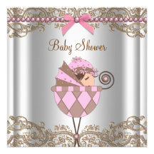 Pink Brown Pearls Lace Girl Baby Shower Announcement