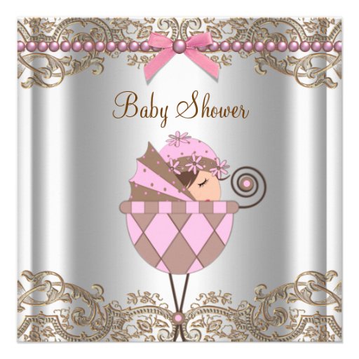 Pink Brown Pearls Lace Girl Baby Shower Announcement