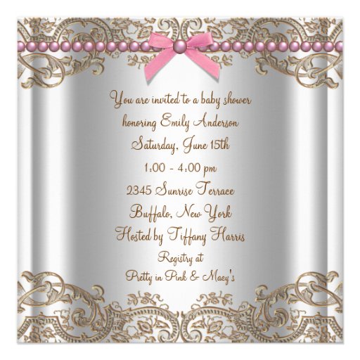 Pink Brown Pearls Lace Girl Baby Shower Announcement