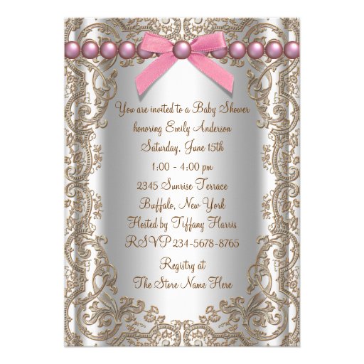 Pink Brown Pearls Lace Girl Baby Shower Personalized Invitation