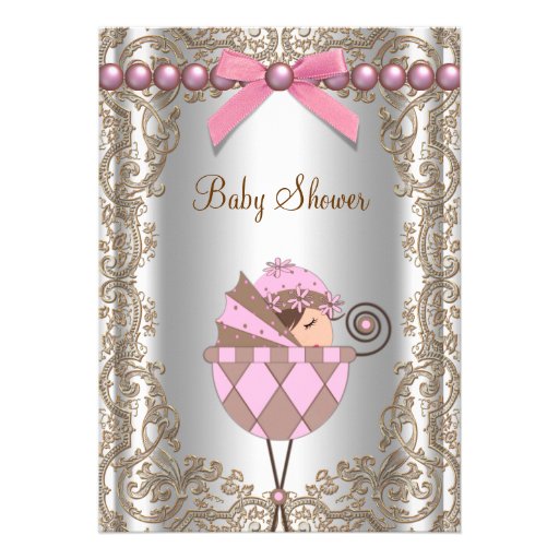 Pink Brown Pearls Lace Girl Baby Shower Personalized Invitation