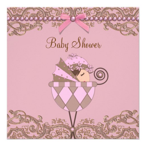 Pink Brown Pearls Lace Girl Baby Shower Invite
