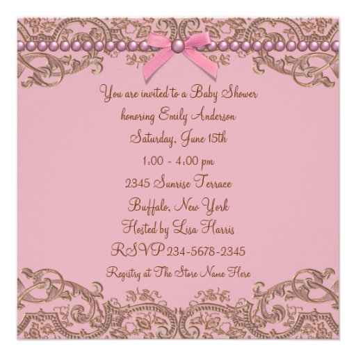 Pink Brown Pearls Lace Girl Baby Shower Invite