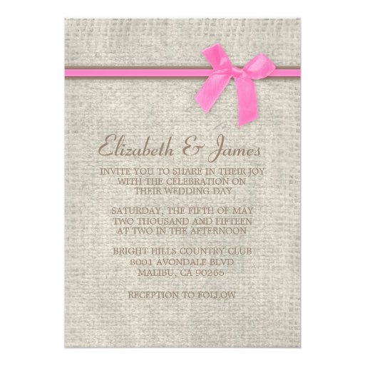 Pink & Brown Rustic Burlap Bow Wedding Invitations