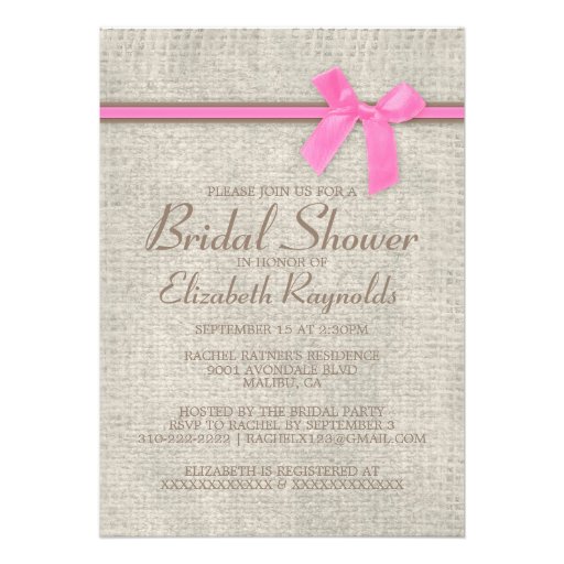 Pink Brown Rustic Burlap Bridal Shower Invitations