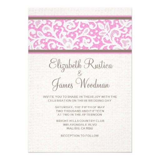 Pink Brown Rustic Burlap Linen Wedding Invitations