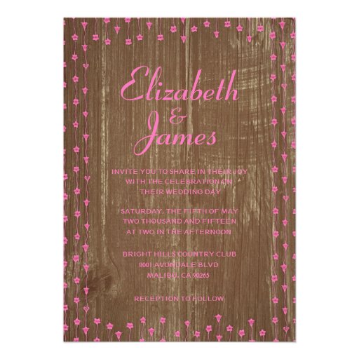 Pink Brown Rustic Country Wood Wedding Invitations