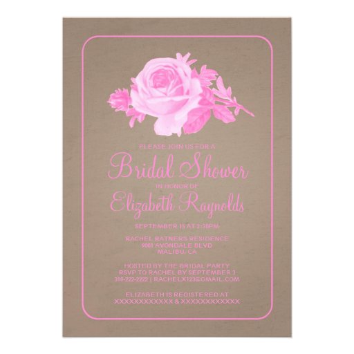 Pink Brown Rustic Floral Bridal Shower Invitations
