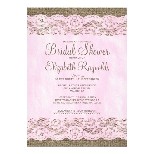 Pink & Brown Rustic Lace Bridal Shower Invitations