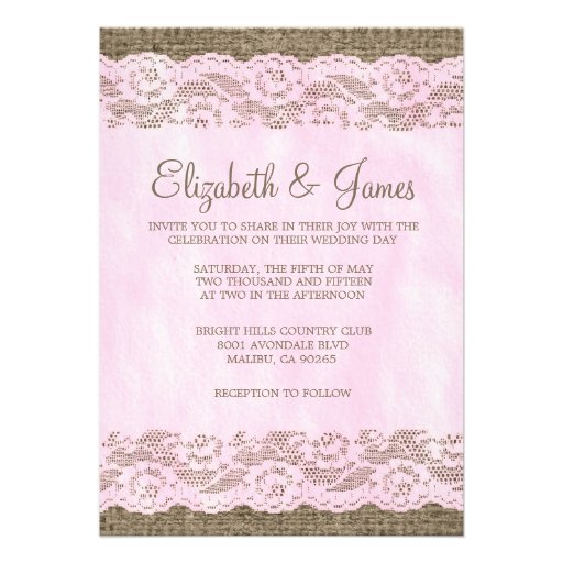 Pink & Brown Rustic Lace Wedding Invitations