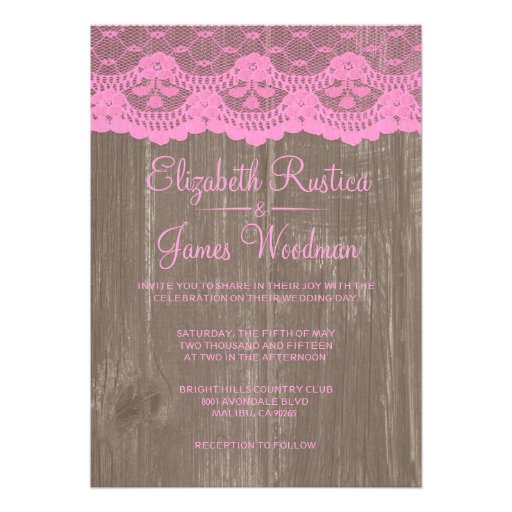 Pink Brown Rustic Lace Wood Wedding Invitations