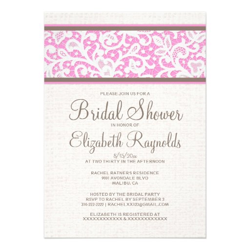 Pink Brown Rustic Linen Bridal Shower Invitations