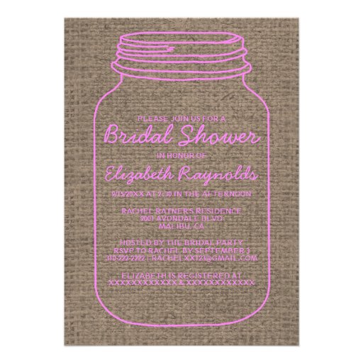 Pink Brown Rustic Mason Jar Bridal Shower Invites