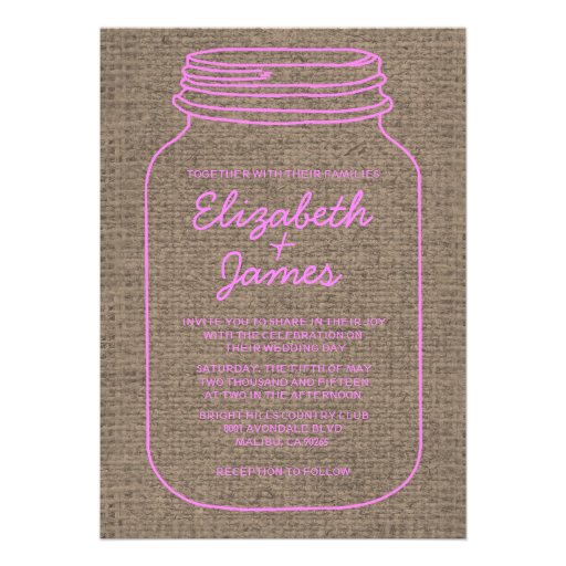 Pink & Brown Rustic Mason Jar Wedding Invitations