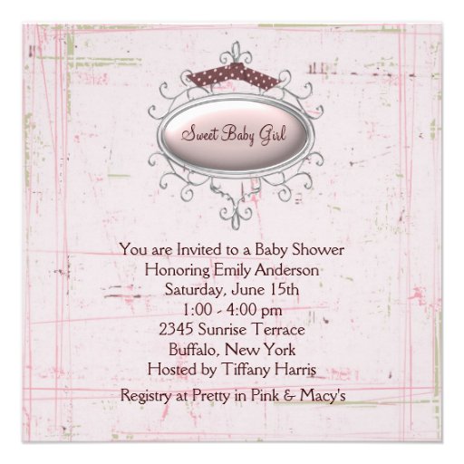 Pink Brown Shabby Chic Baby Girl Shower Personalized Announcements