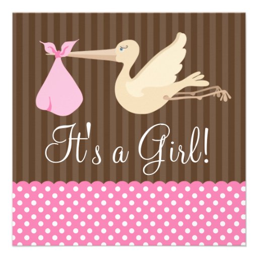 Pink Brown Stork Dots Girl Baby Shower Invites