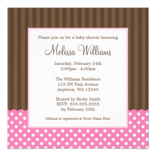 Pink Brown Stork Dots Girl Baby Shower Invites