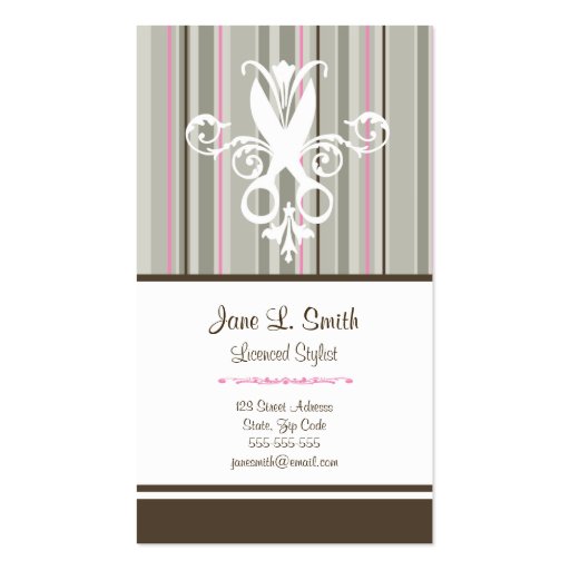 Pink/Brown Stripe Scissors Business Card Templates (front side)