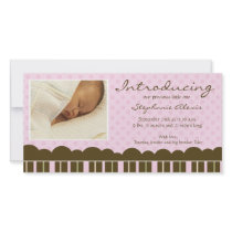 Pink brown stripes polkadots new baby announcement picture card
