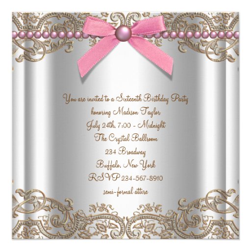 Pink Brown Sweet 16 Birthday Party Custom Invitations