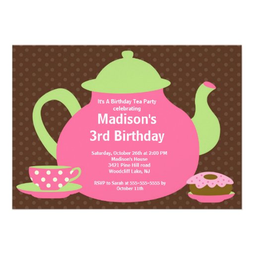Pink & Brown Tea Party Birthday Party Invitation