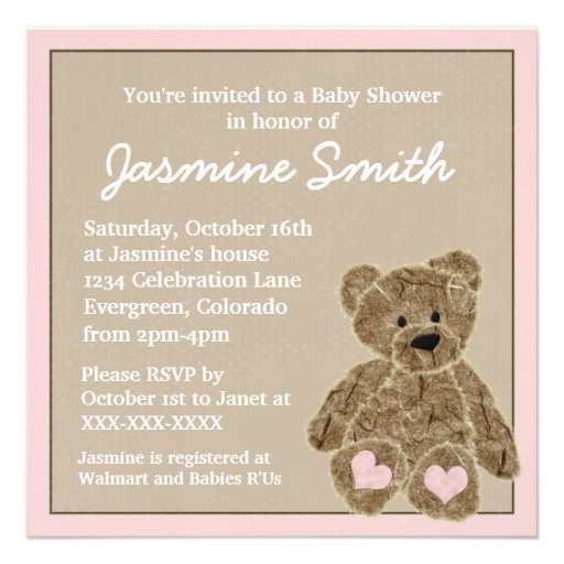 Pink brown teddy bear baby shower invitations (front side)